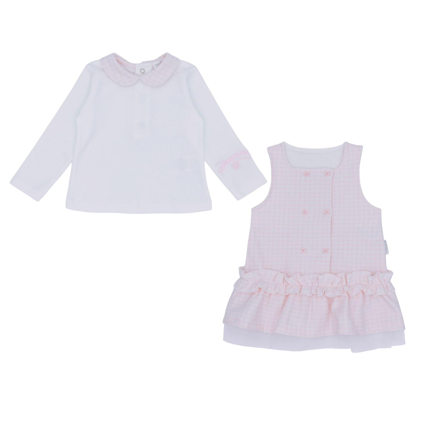Pastels & Co pink and white dogtooth print pinafore dress and white blouse 