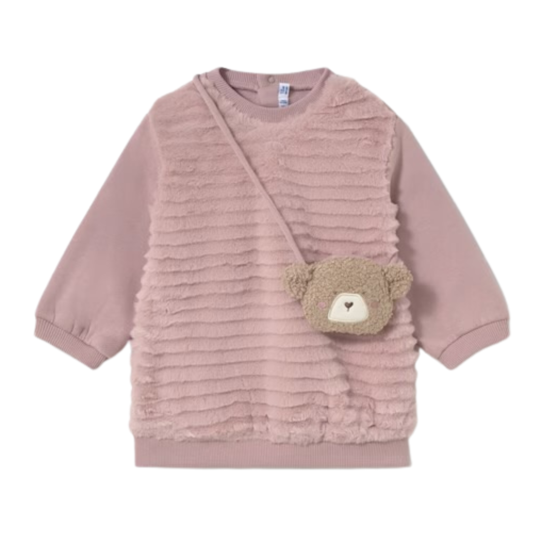 Mayoral girls pink faux fur dress with Teddy bear bag 