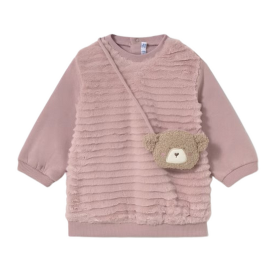 Mayoral girls pink faux fur dress with Teddy bear bag 