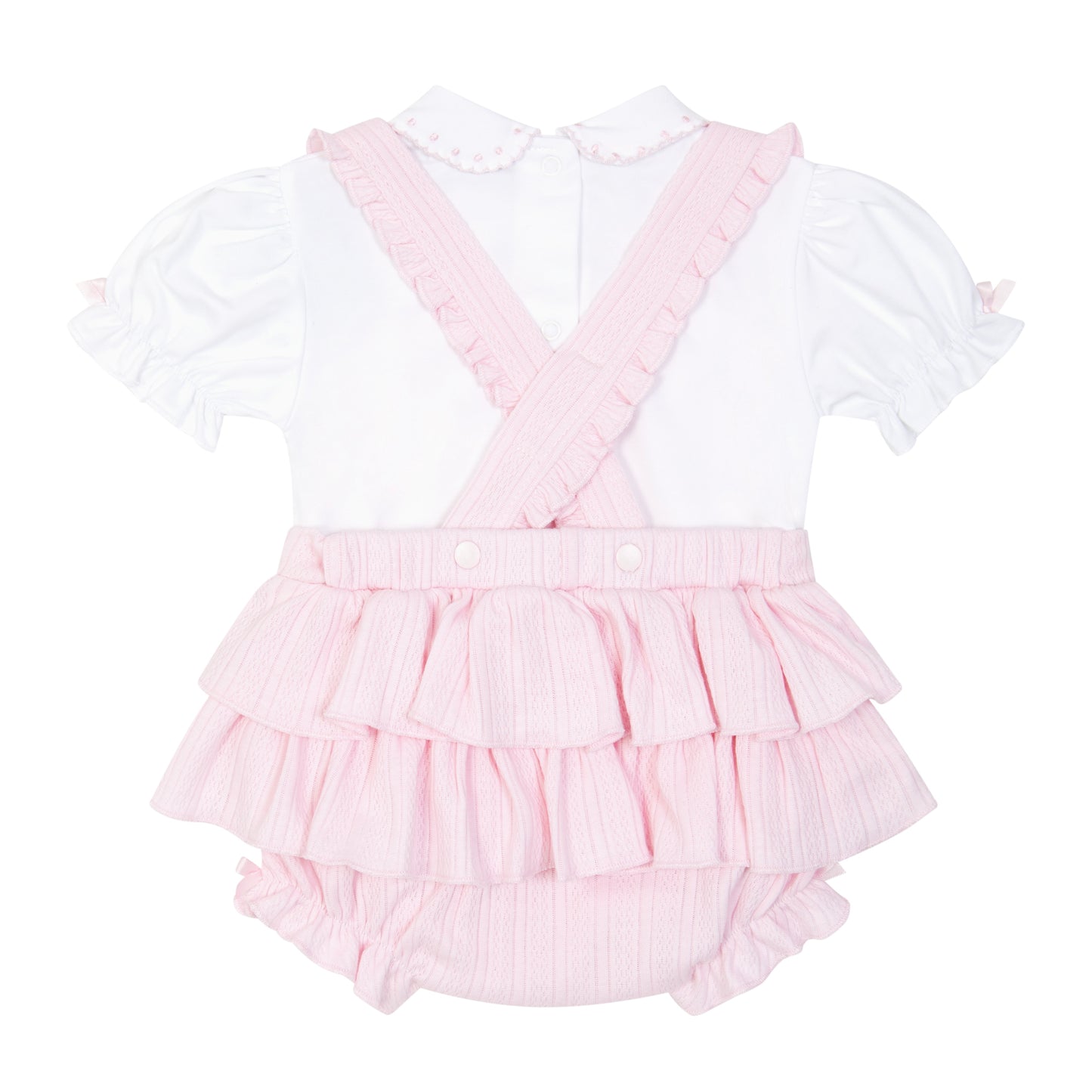 Baby girls pale pink ruffle romper with white cotton blouse by Pastels & Co 