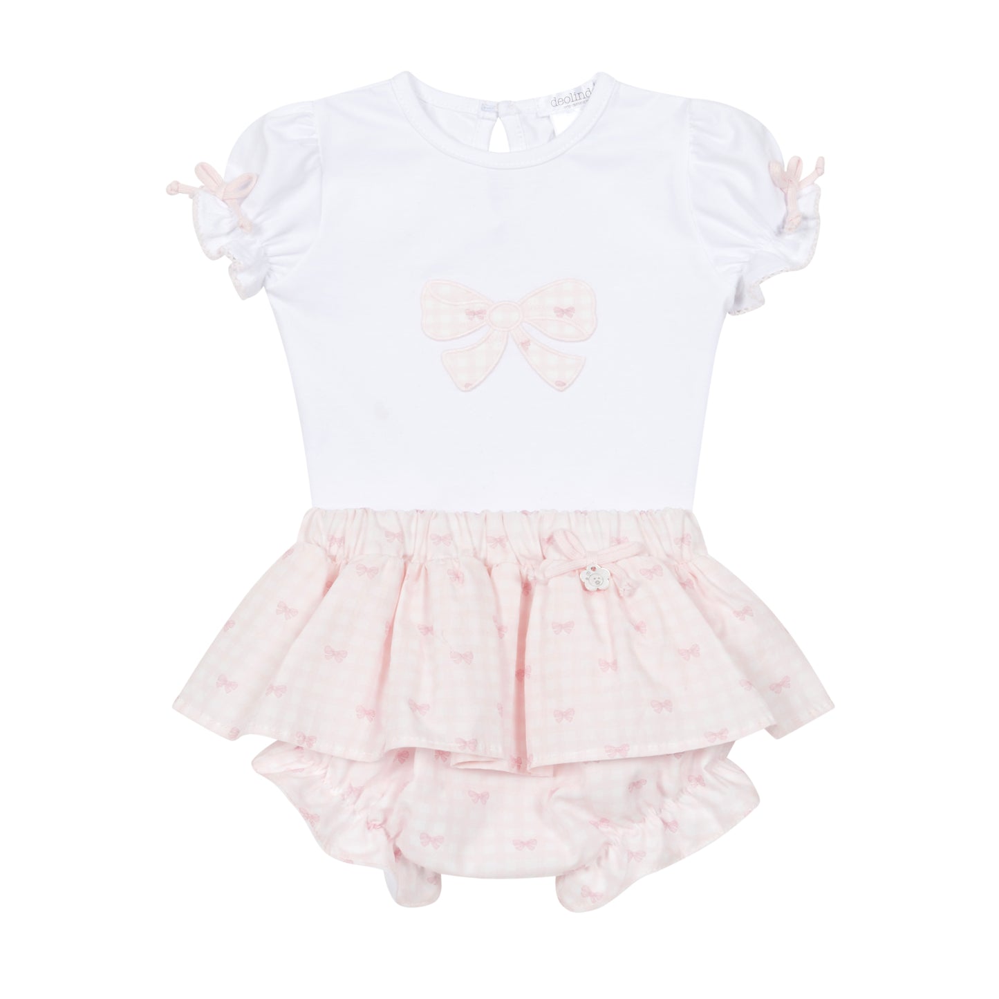 Deolinda baby girls pink jam pants and blouse set with bow detailing 