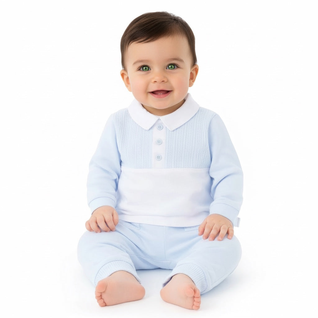 Pastels & Co baby boys pale blue and white tracksuit for summer 
