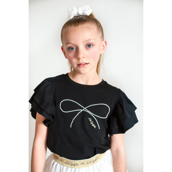 Lily Gaufrette girl black top with pearl bow detailing  