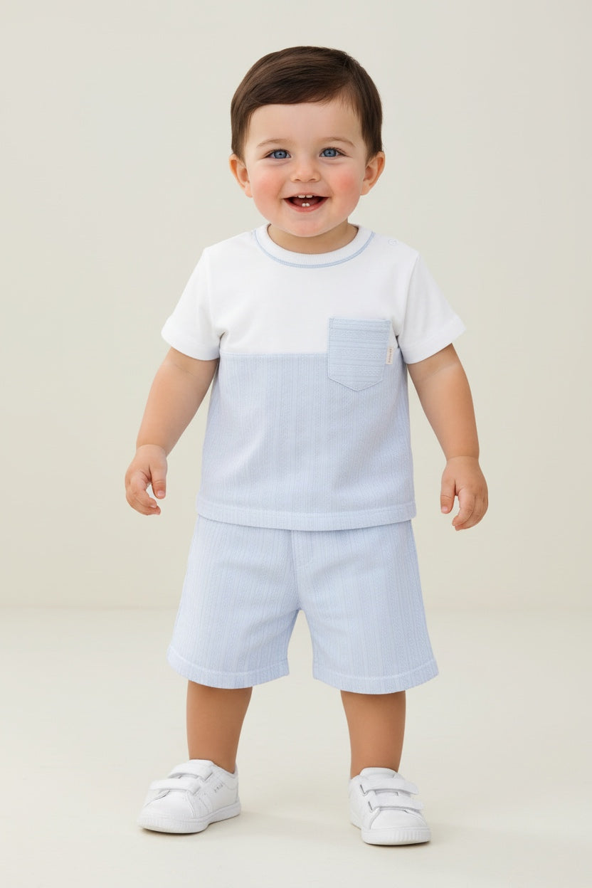 Boys pale blue and white summer shorts set from Pastels & Co