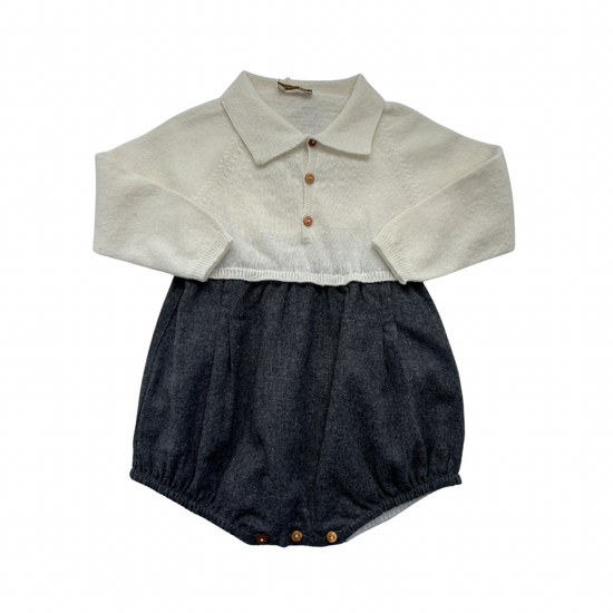 Baby boys cream and grey half knit romper by Wedoble Baby Wear - Adora Childrenswear