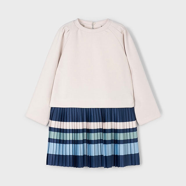 Mayoral girls beige and navy striped dress with pleated skirt 