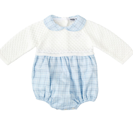 Babidu baby boys ivory and blue check romper with matching ivory hat 