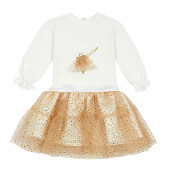 Little girls gold tulle sequin skirt and white cotton blouse by Deolinda - Adora Childrenswear