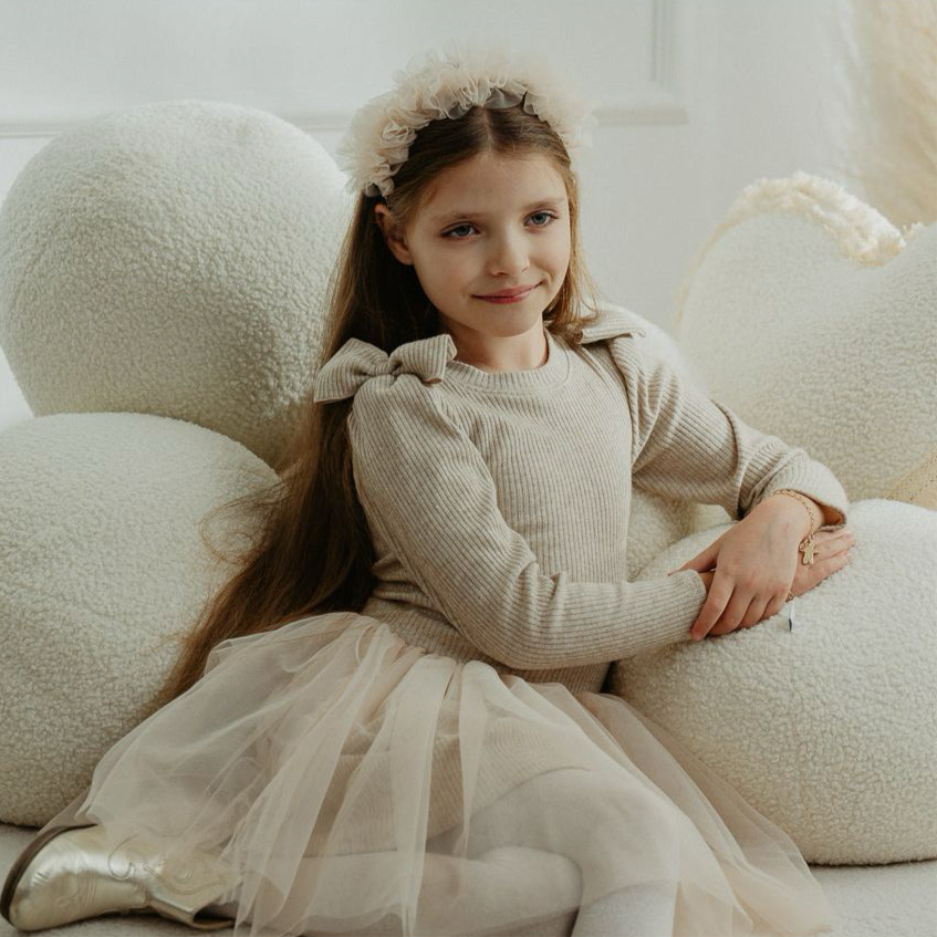 Girls beige ribbed dress with tulle skirt for Winter - Jamiks - Adora Childrenswear