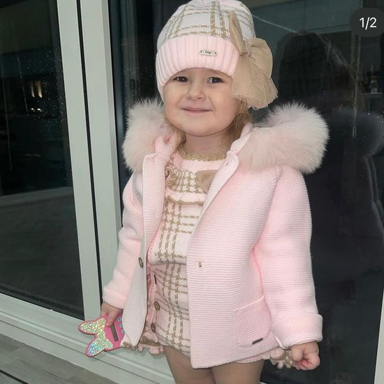 Baby pink knitted coat with large pink fur hood new from Rahigo - Adora Childrenswear