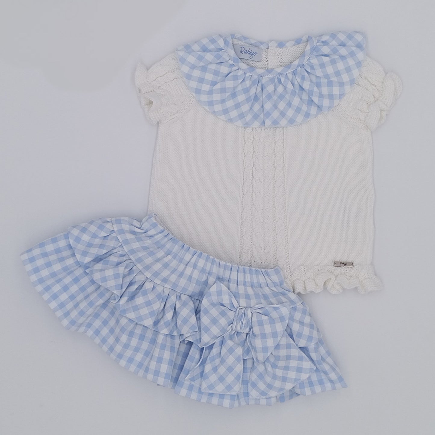 Rahigo SS26 girls white and baby blue gingham jam pants set 