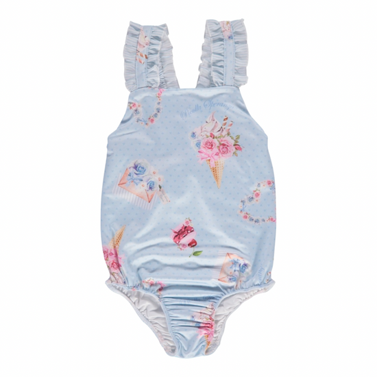 Baby girls designer swim wear by Piccola Speranza. Blue swim costume with pink pattern - Adora Childrenswear