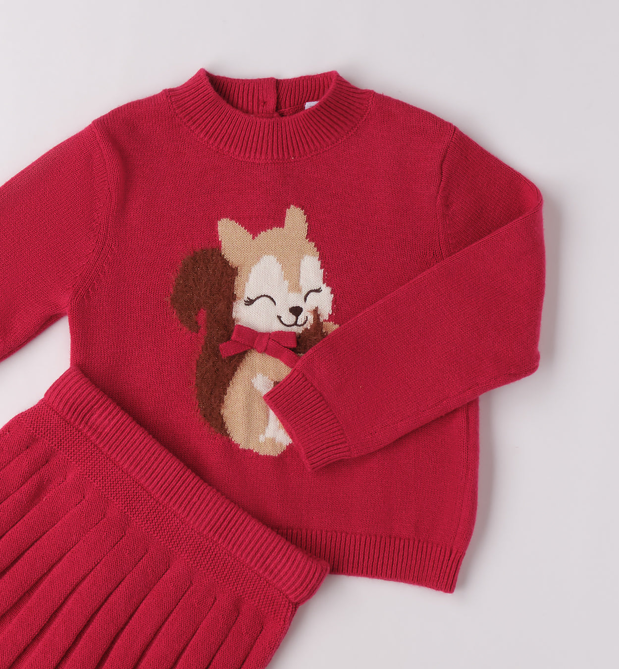 Sarabanda girls red knitted skirt set with squirrel detail 