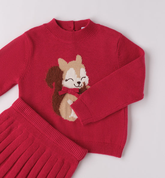 Sarabanda girls red knitted skirt set with squirrel detail 