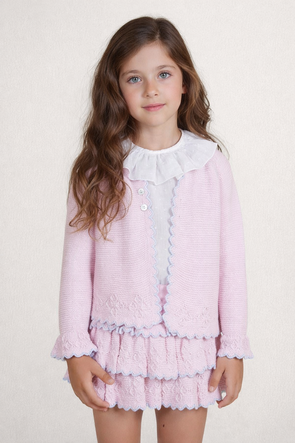 SS26 Rahigo girls baby pink and blue skort, cardigan and frill collared blouse 