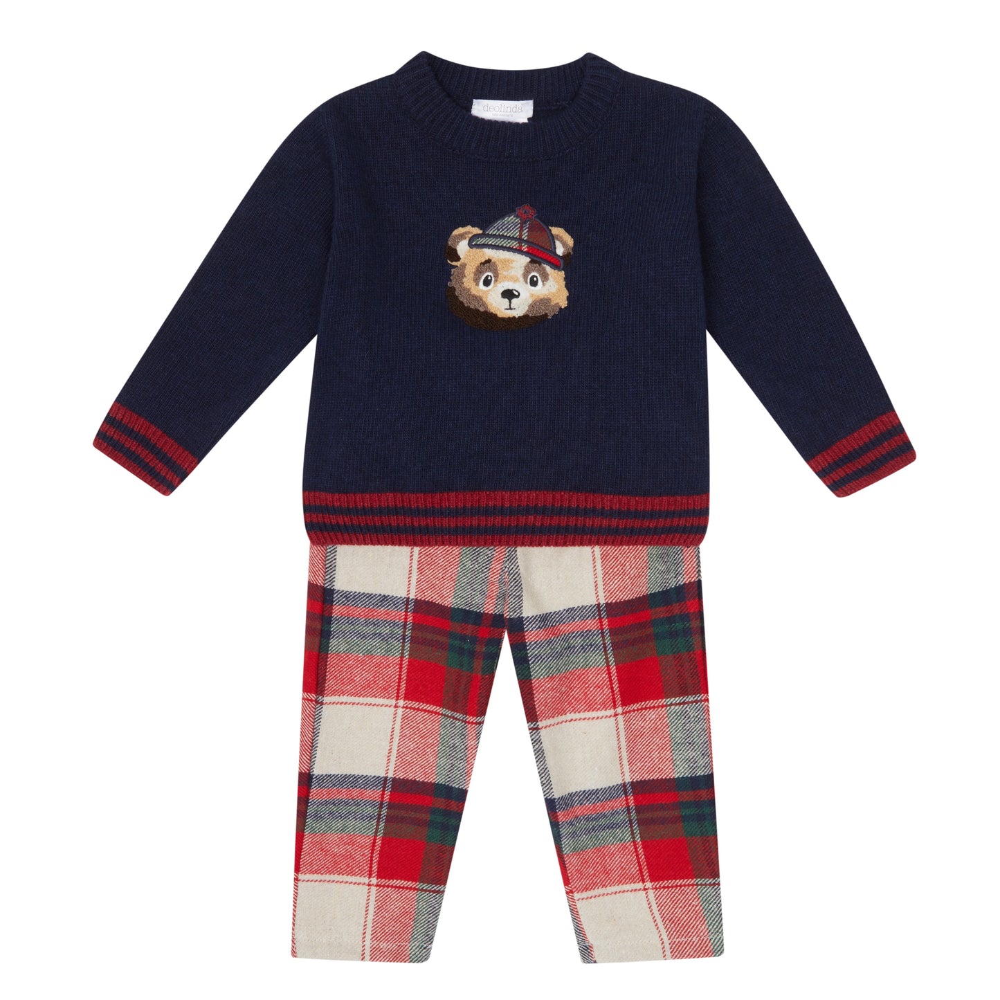 Deolinda boys navy wool and cashmere blend sweater with tartan bear detail and matching tartan pants 