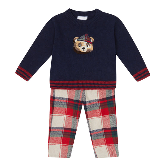 Deolinda boys navy wool and cashmere blend sweater with tartan bear detail and matching tartan pants 
