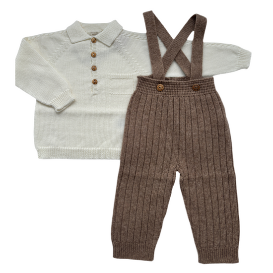 Wedoble cream knitted polo top and brown merino wool dungarees for baby boys - Adora Childrenswear 