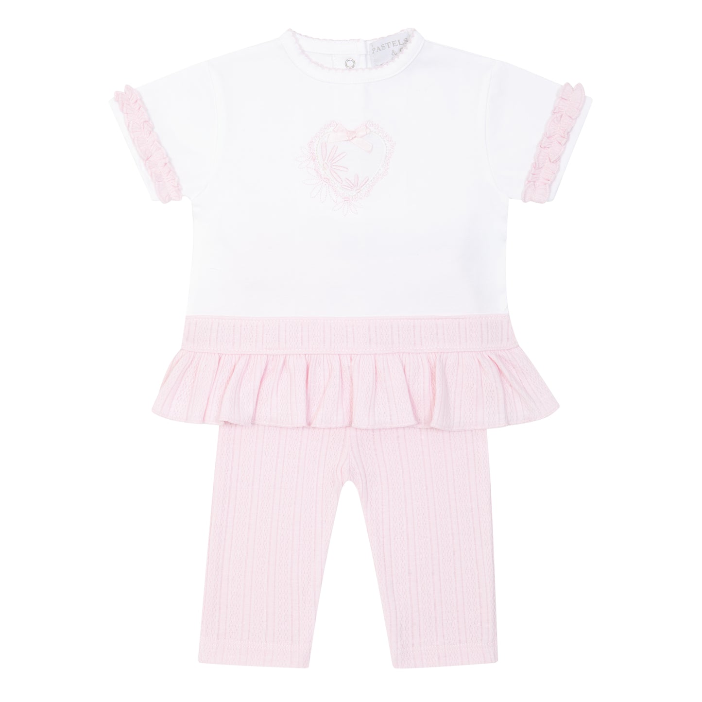 Pink baby outfit with ruffled top and pants on a white background