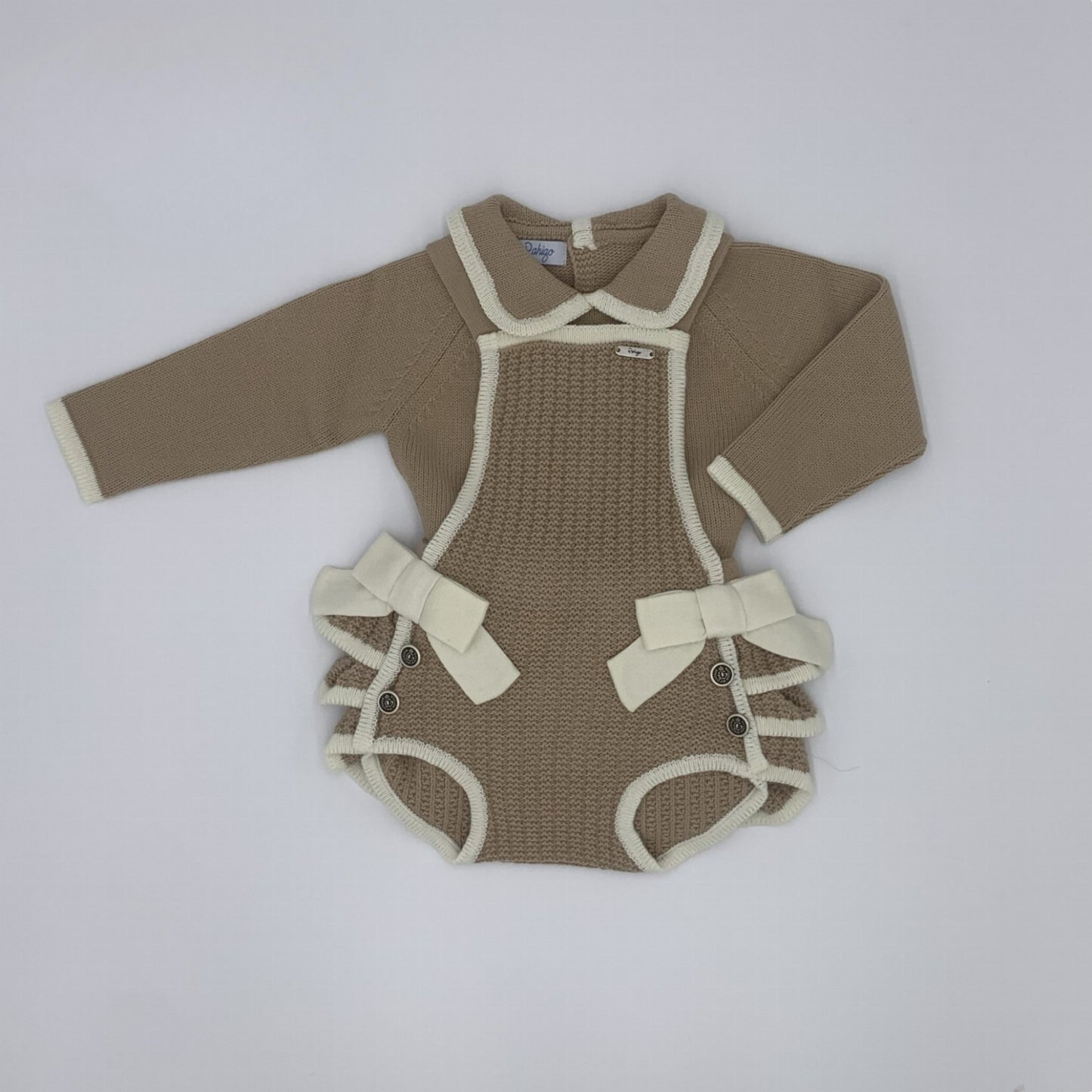 Rahigo girls camel and cream knitted romper with matching jumper 