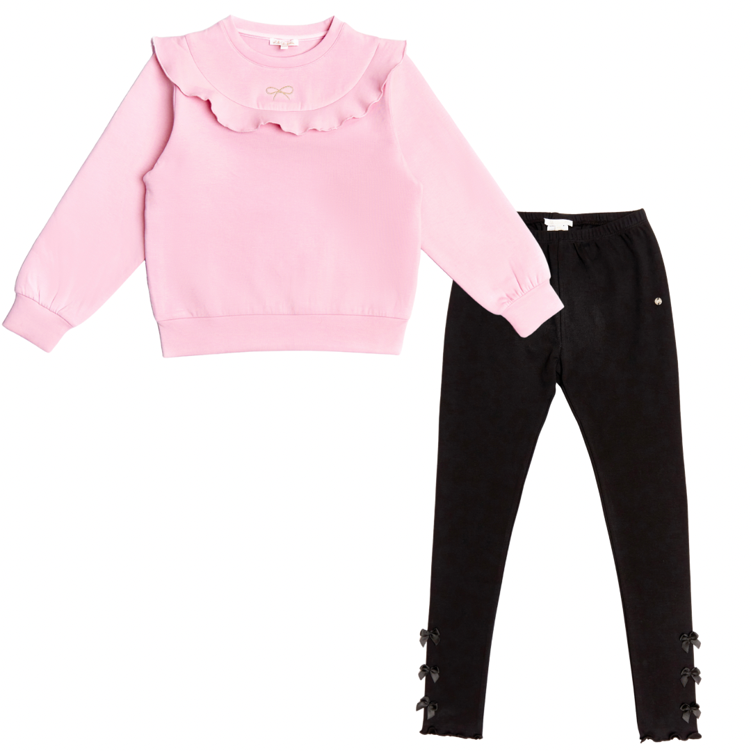 Lili Gaufrette girls pink ruffle sweater and black cotton leggings with bows on the ankles 