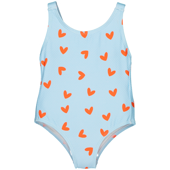 Girls blue textured swimming costume with red love heart print - Adora
