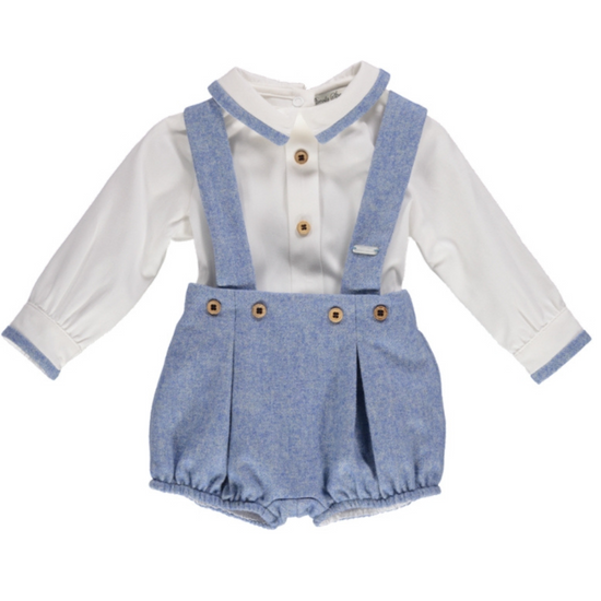 Piccola Speranza baby boys blue dungaree shorts and shirt set - Adora Childrenswear 