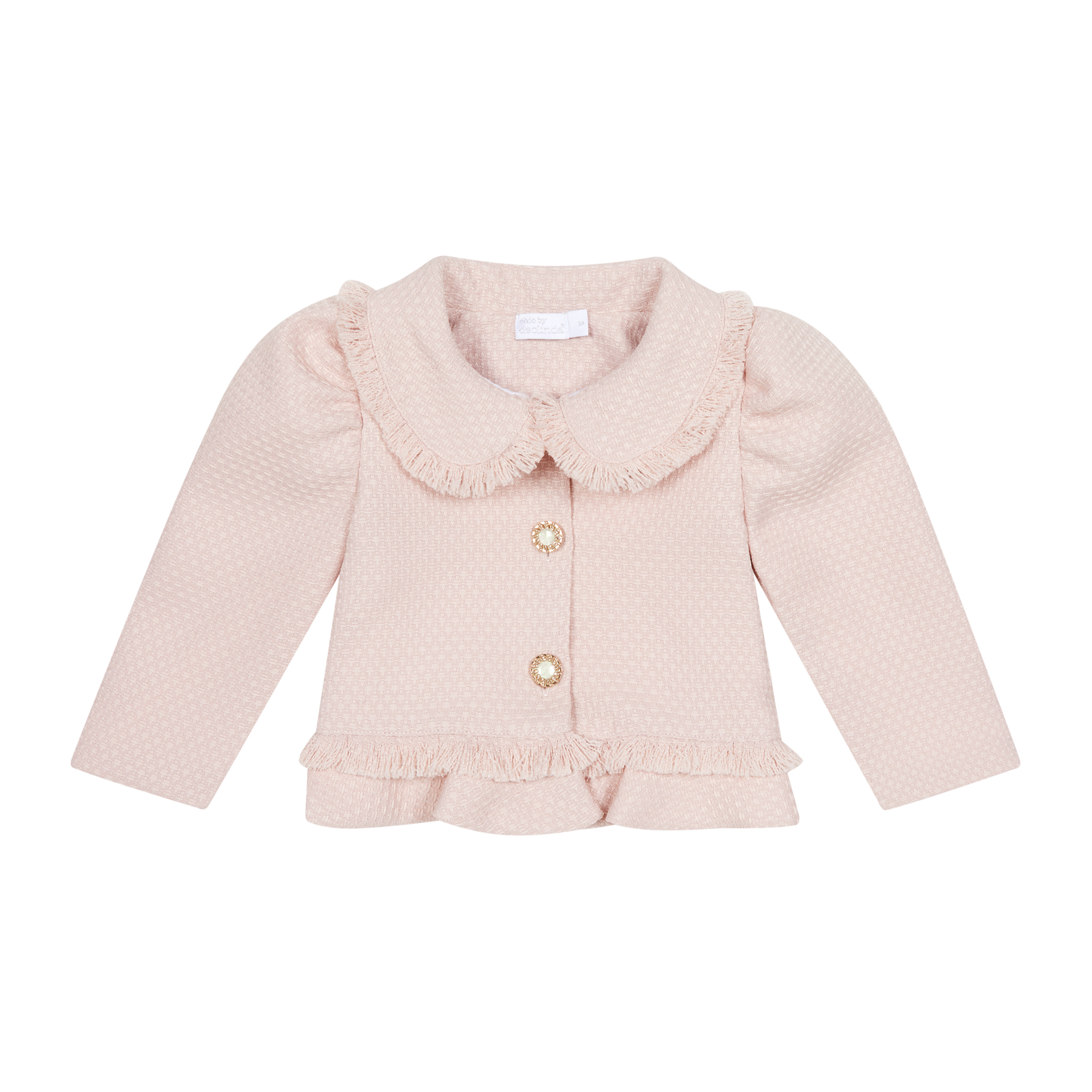 Pink children's jacket with ruffled collar on a white background