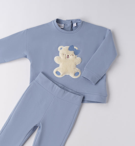 Sarabanda girls flared jogging set in blue with teddy bear detail 