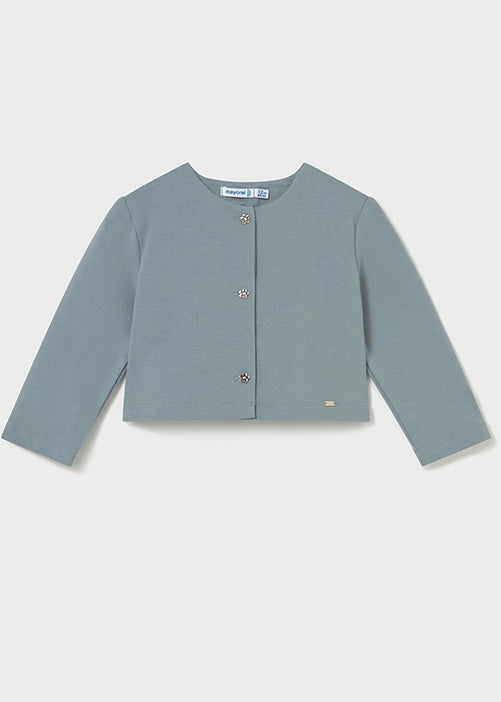 Mayoral girls blue plaid skirt set including white blouse and cardigan 