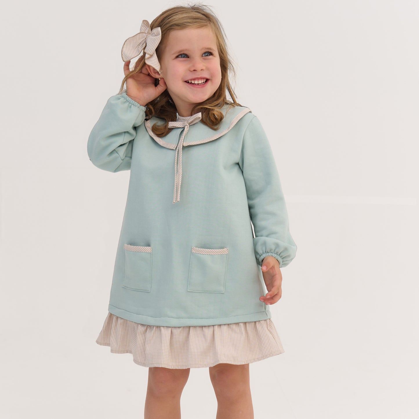 Rapife girls green dress with neutral gingham piping 