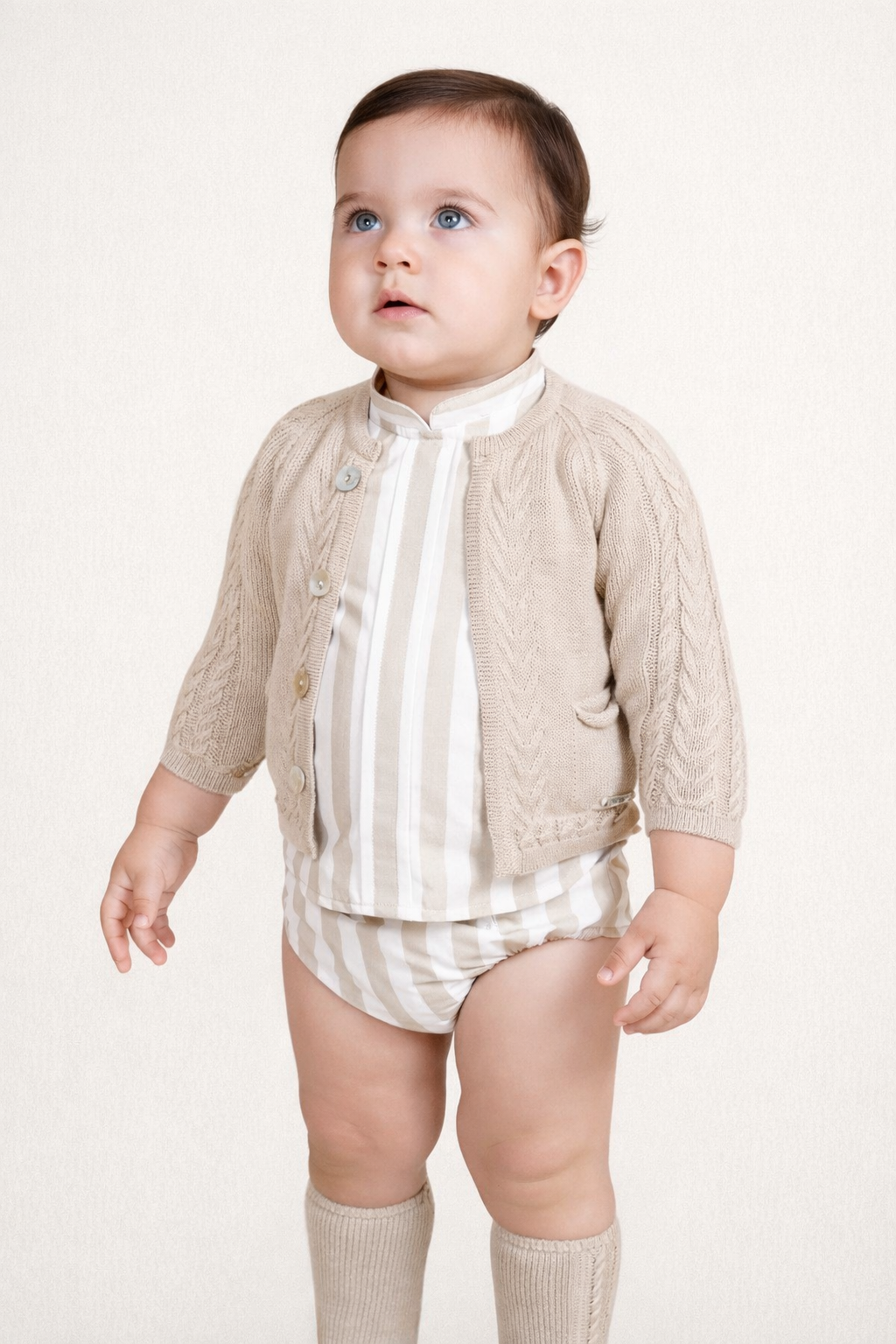 Rahigo SS26 camel and white striped jam pants and top with camel fine knit cardigan 