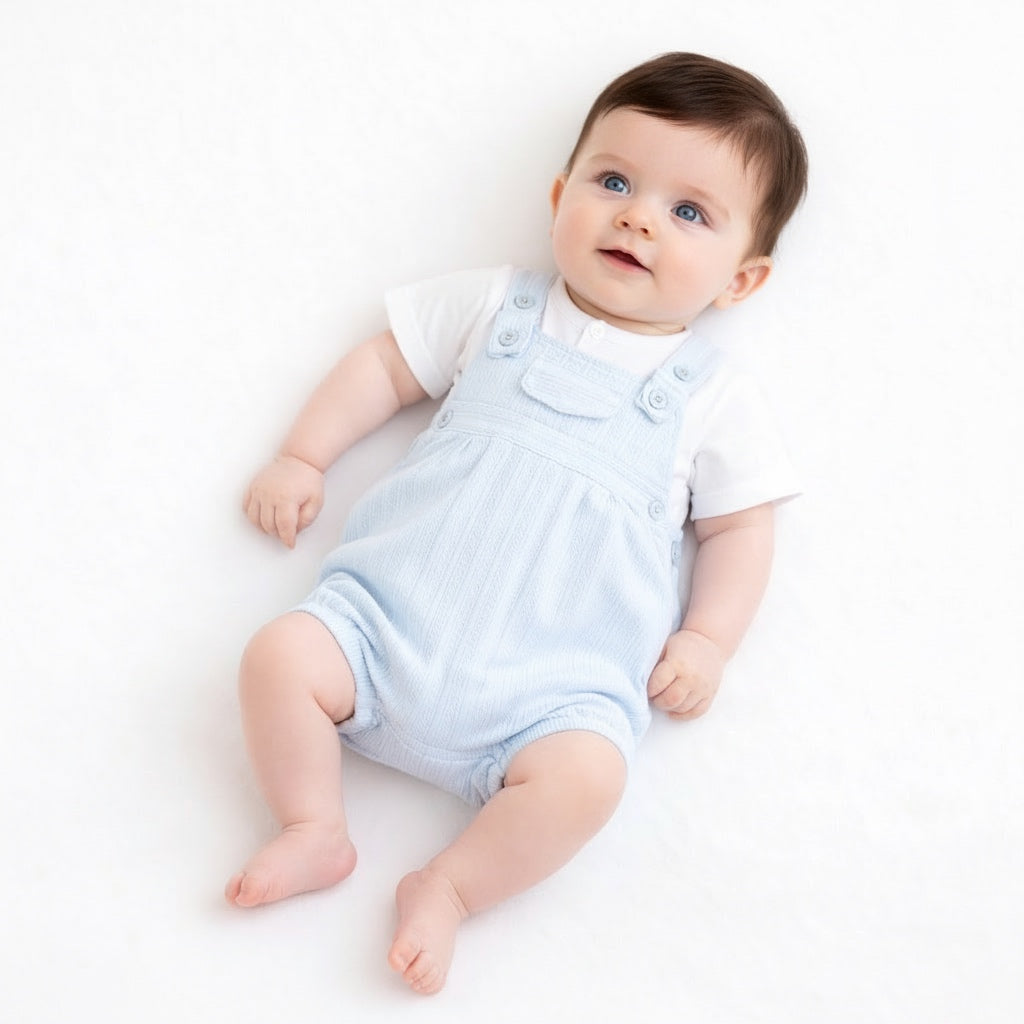 Baby boys pale blue cotton romper with built in white cotton t shirt 
