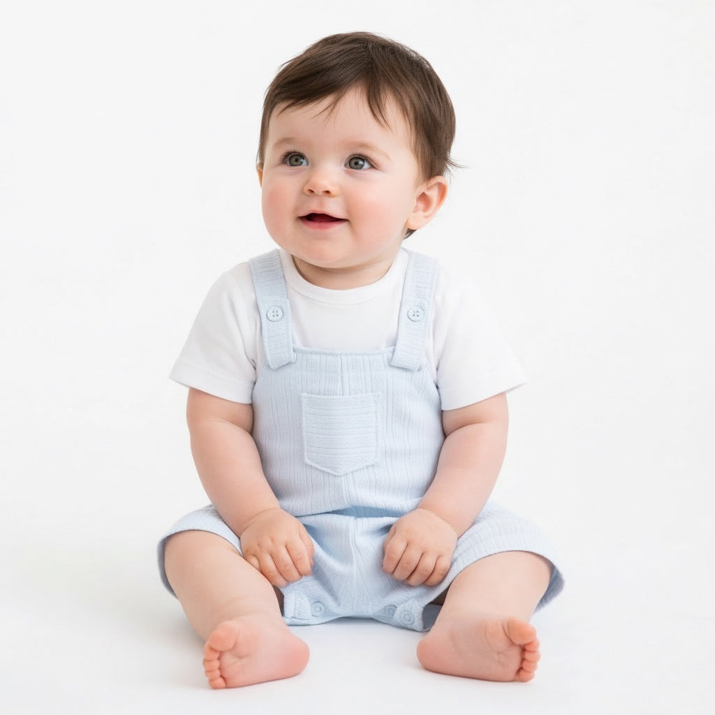 Pastels & Co baby boys pale blue and white romper in the style of dungarees 