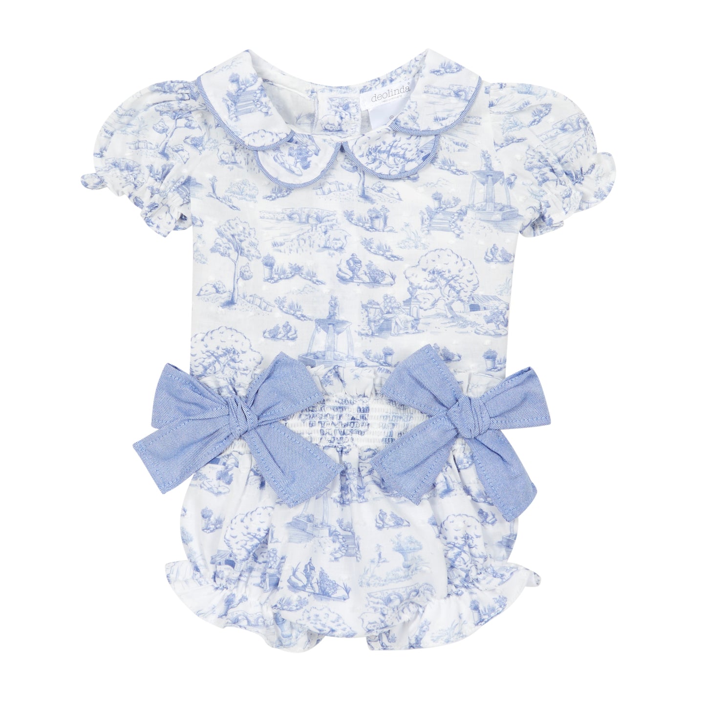 Deolinda baby girls blue toile print bloomers and blouse set 