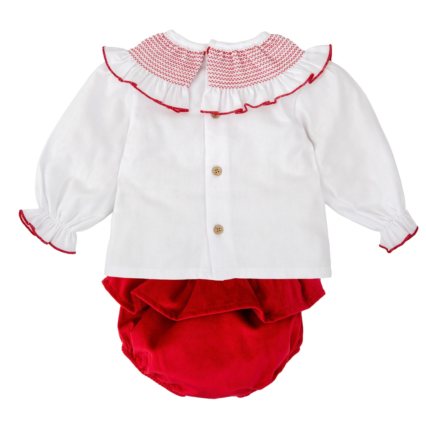 Babidu baby girls red velvet jam pants and white smocked blouse 