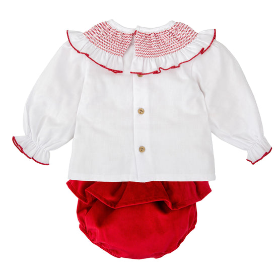 Babidu baby girls red velvet jam pants and white smocked blouse 