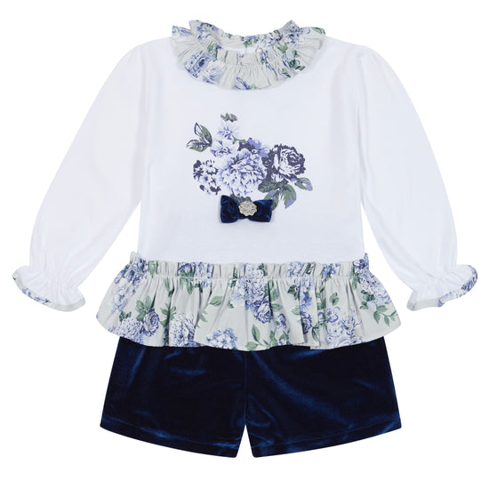 Girls pretty white blouse and navy velvet shorts by Deolinda - Adora Childrenswear