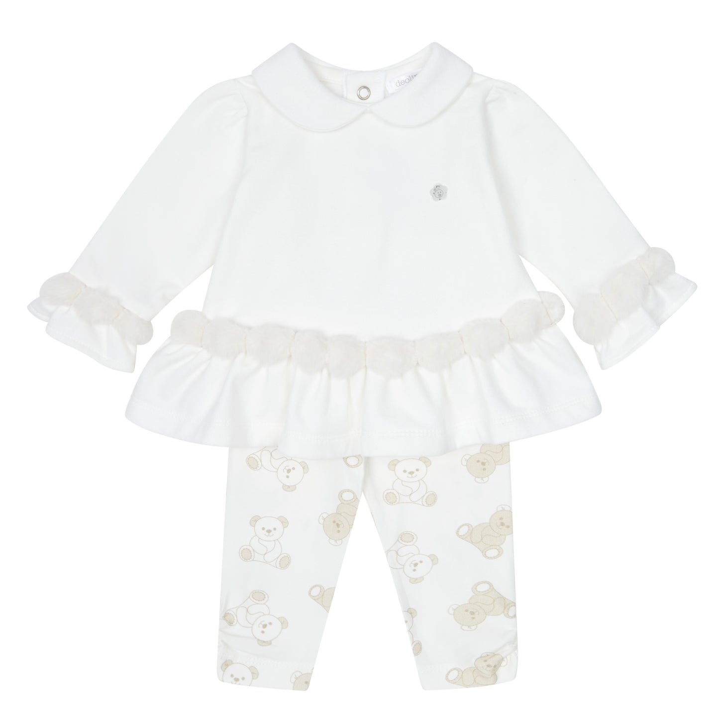 Deolinda baby girls ivory legging set with teddy bear and fur pom detailing 