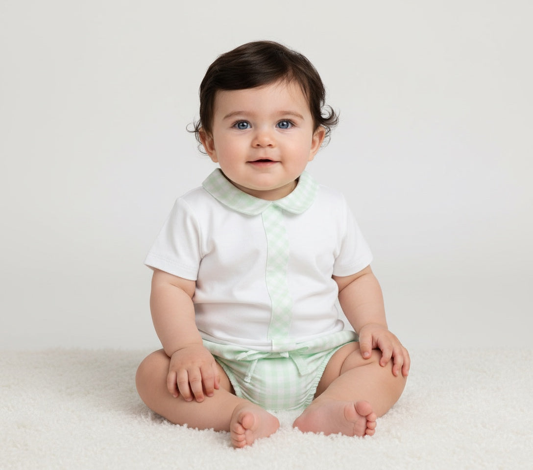 Pastels & Co baby boys mint green gingham jam pants and white polo top 
