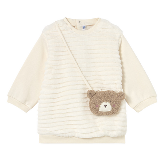 Mayoral girls cream faux fur dress with knitted teddy bear bag 