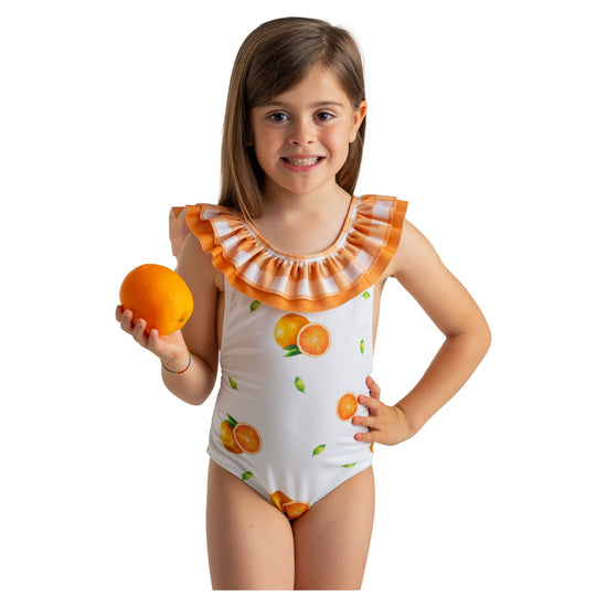 Load image into Gallery viewer, Girls orange print swim costume - Meia Pata
