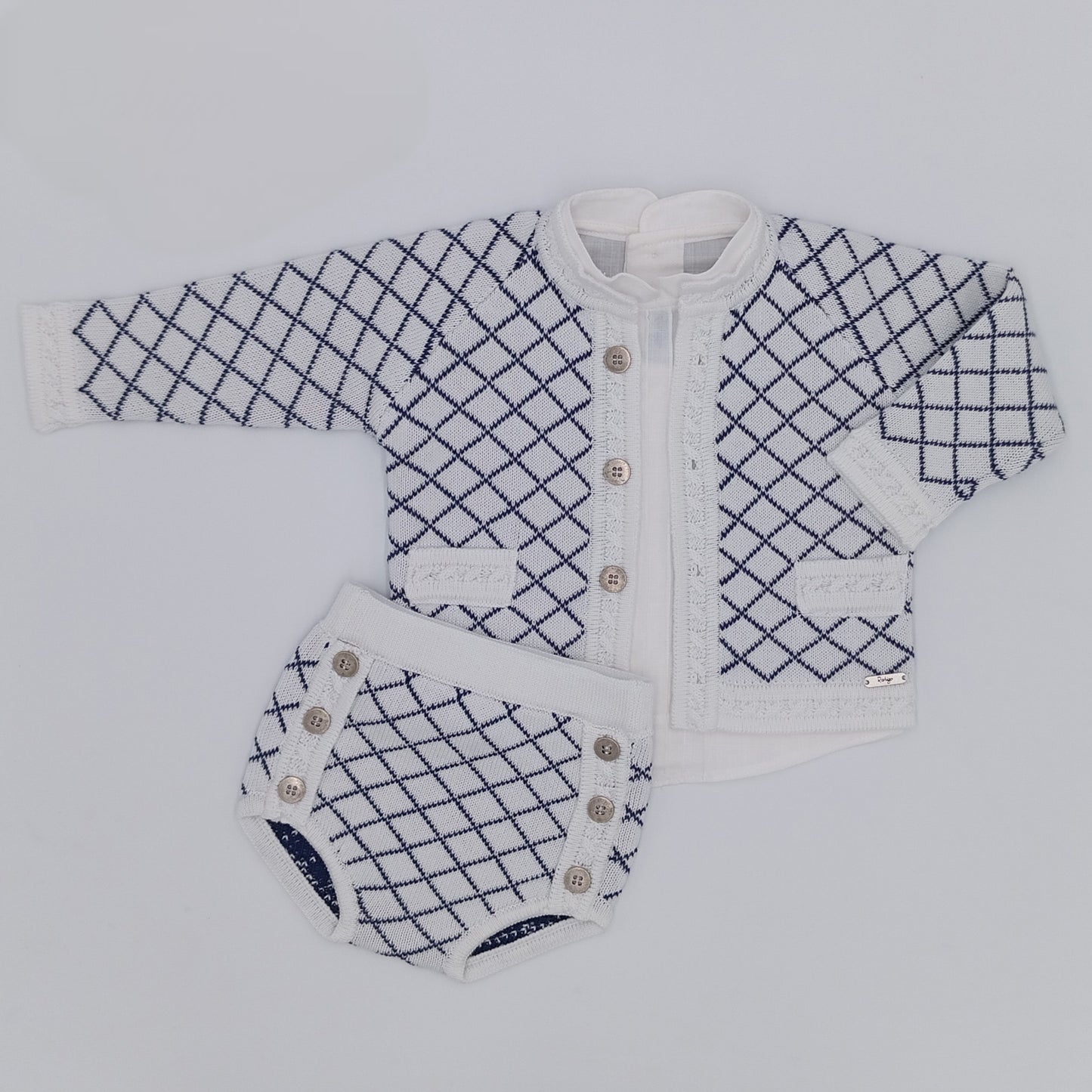 Rahigo SS26 boys white and navy jam pants, cardigan and shirt set 