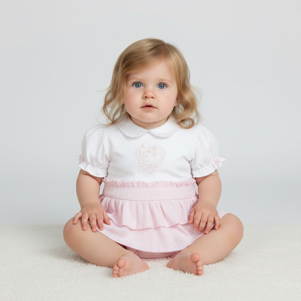 Pastels & Co baby girl pink and white dress with matching bloomers
