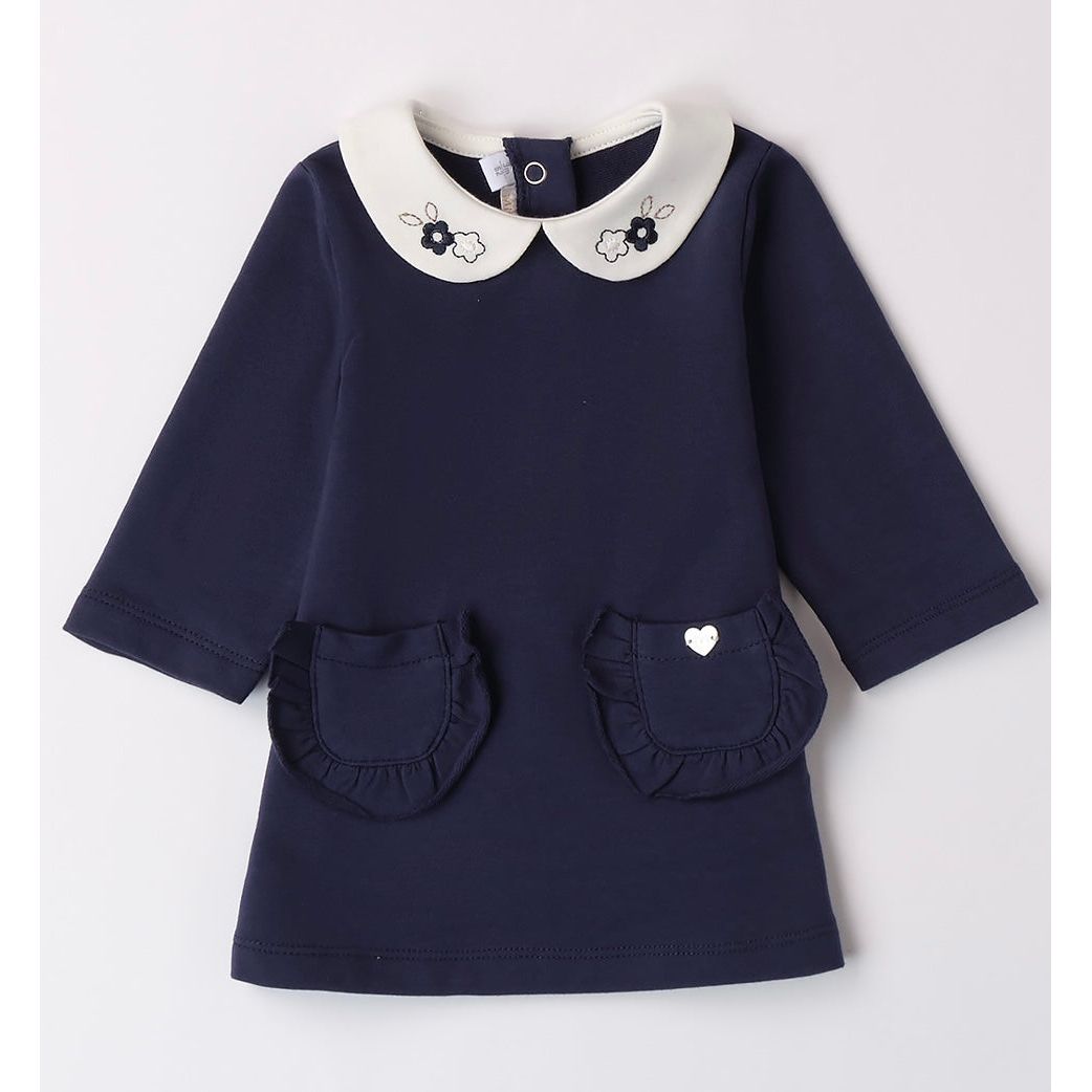 Baby girls navy dress with white collar and embroidery- Adora Childrenswear