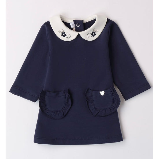 Baby girls navy dress with white collar and embroidery- Adora Childrenswear