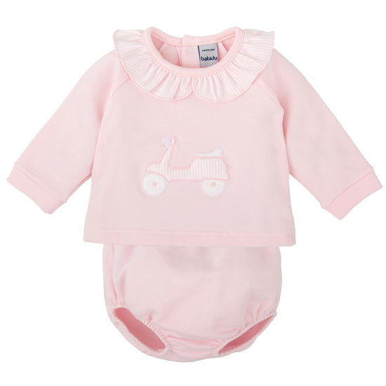 Babidu baby girls pink jam pants and jumper with frill collar 