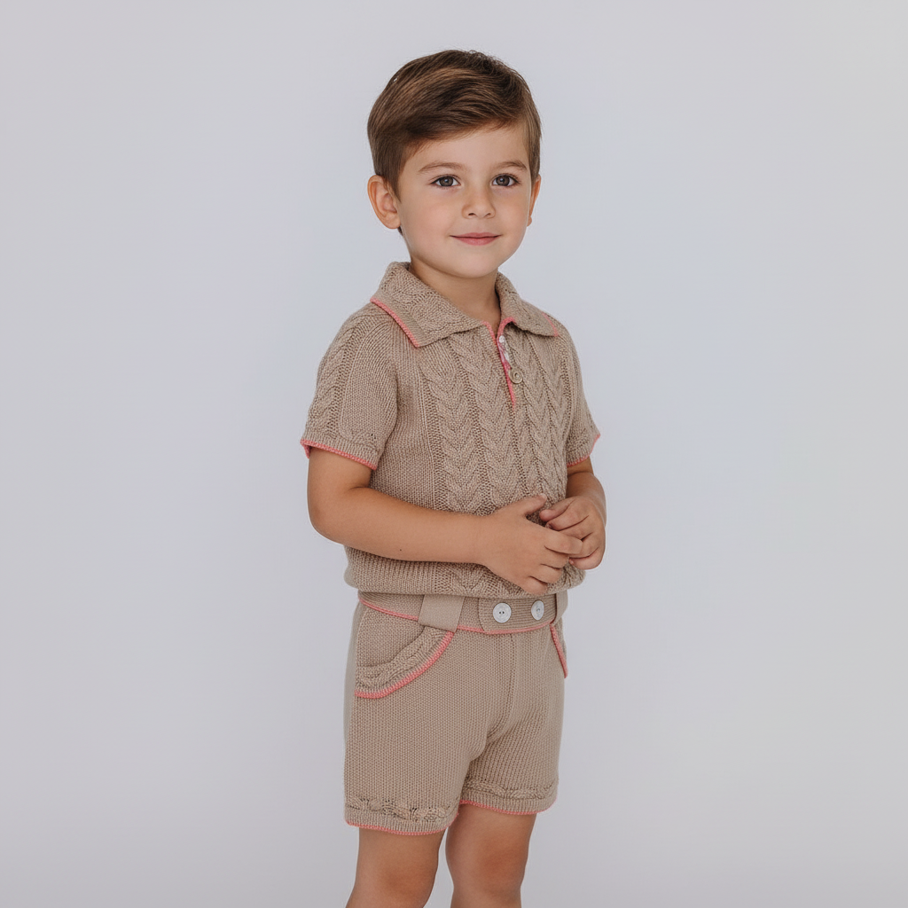 Rahigo SS26 boys camel and salmon fine knit shorts set 