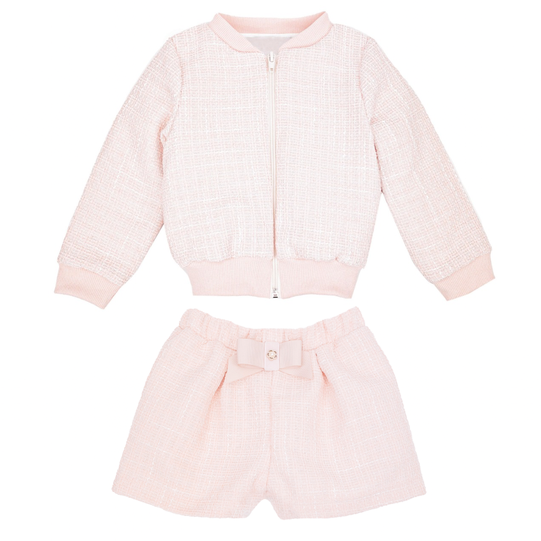 Girls pink tweed shorts and bomber style jacket by Jamiks - Adora Childrenswear