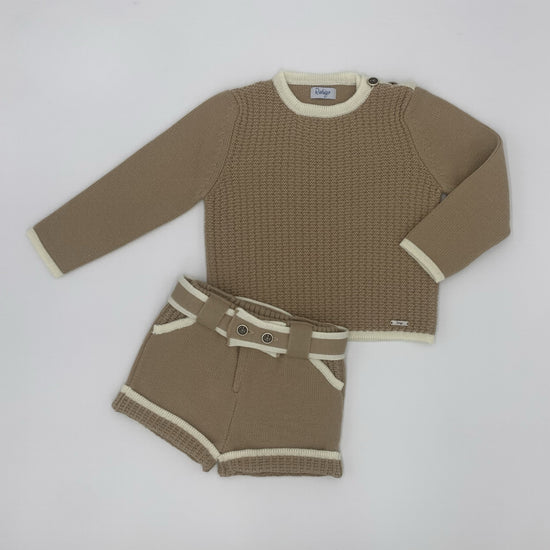 Little boys winter knitted outfit in camel and cream from Spanish brand Rahigo